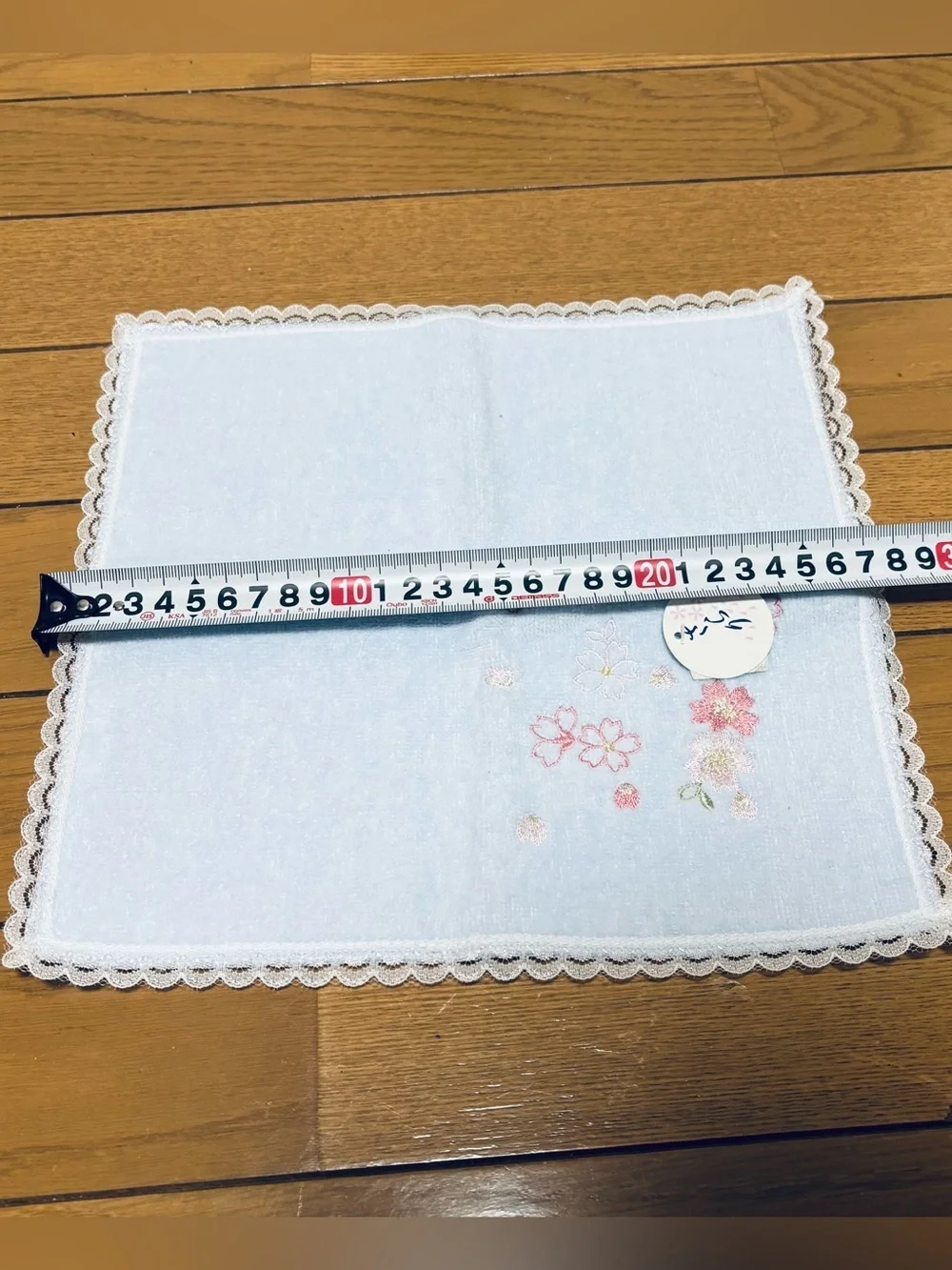 Light Blue w/ Pink Flowers Embroidered Lace border Pocket Hand Towel 27cm/11”
